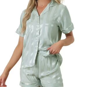 Jones New York Pajama Set Women XL Light Green Satin Short Sleeve Sleepwear